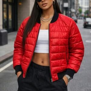 Athleta Jacket Red Dobby Quilted Goose Down Puffer Bomber Coat Women's Size S